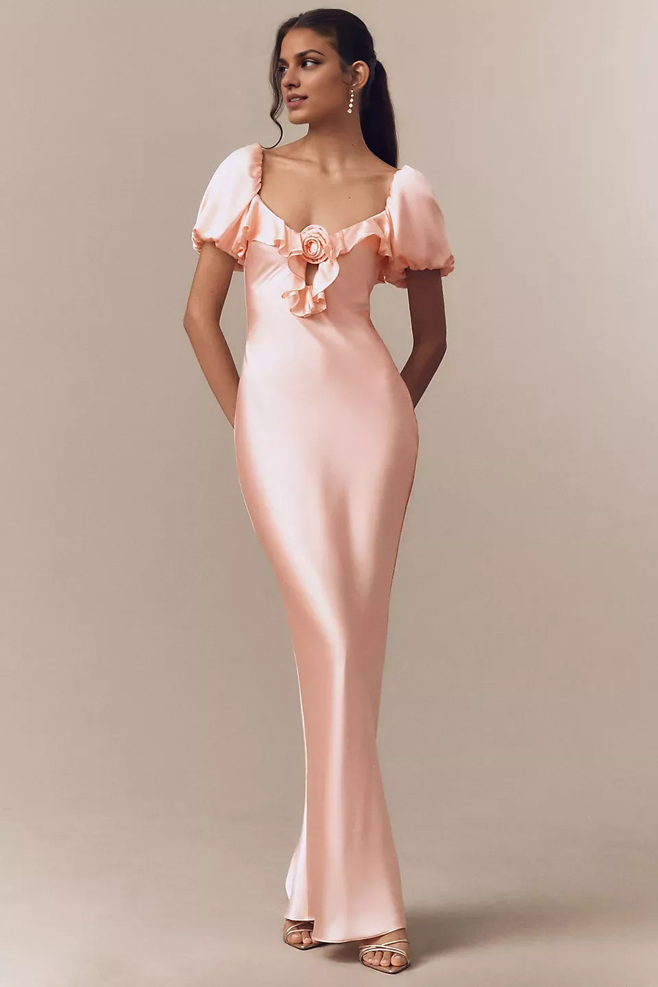 Robe fourreau élégante en satin à manches bouffantes, robe de bal avec fleurs 3D